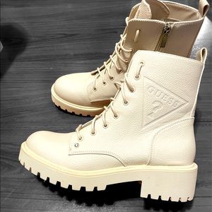 Guess Womens Combat Lace Up Boots Cream